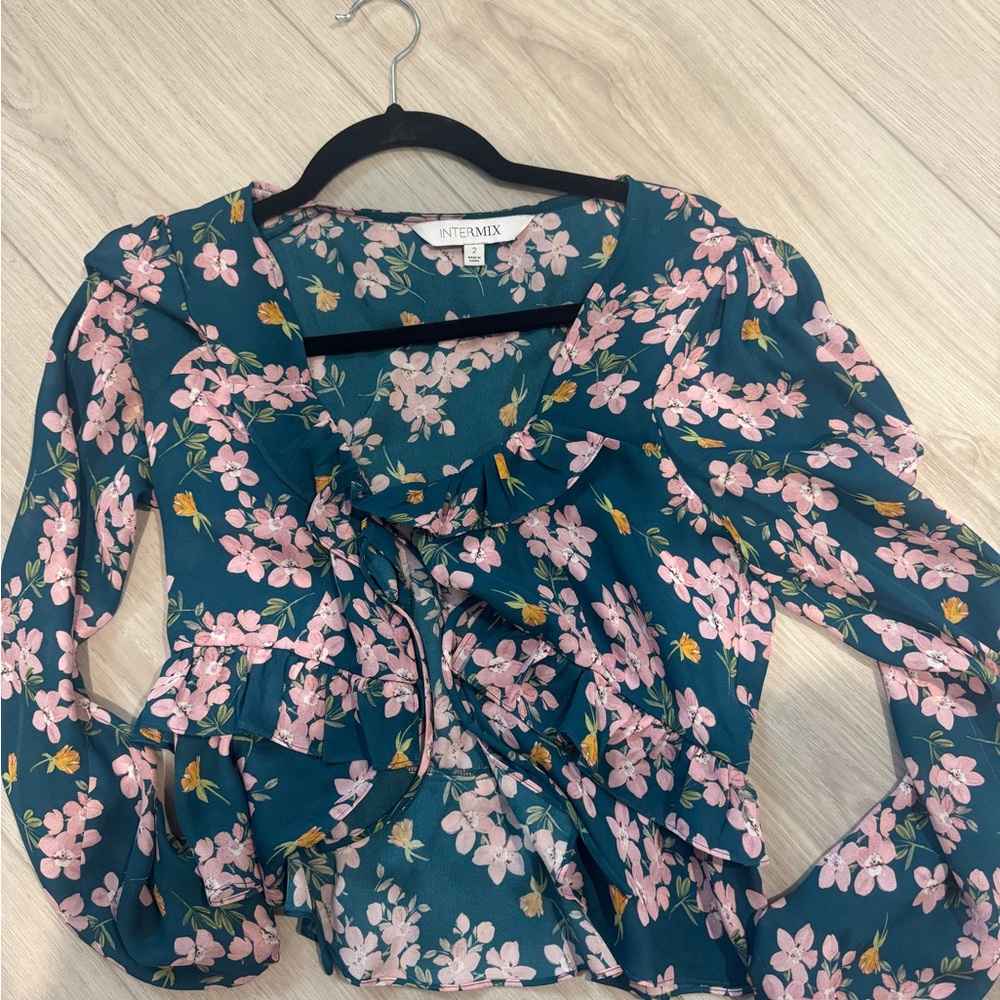 INTERMIX Teal and Pink Floral Blouse